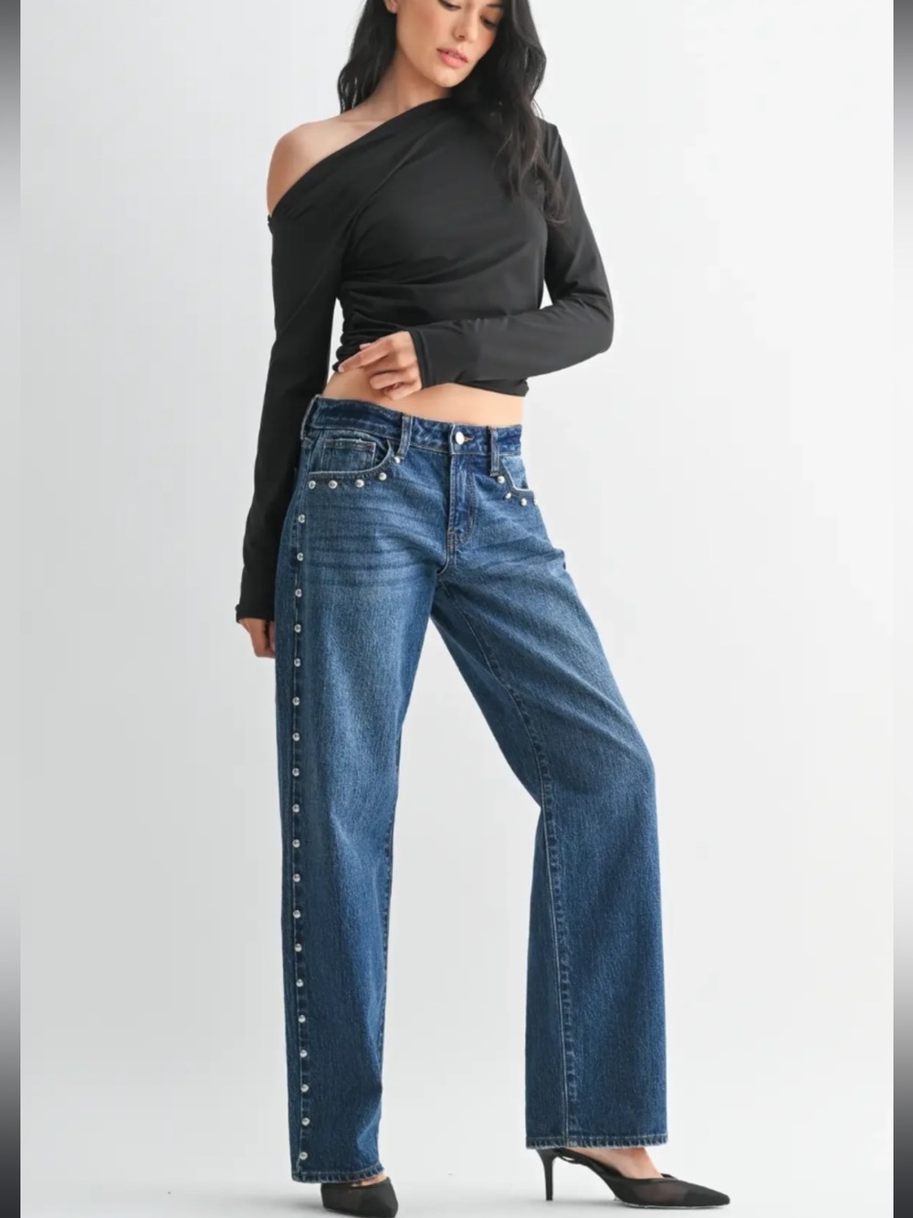 Just Black Denim Studded Baggy Straight Jeans 26 Low Rise Dark Wash Western